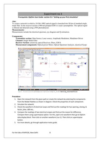 Experiment no 3
       Prerequisite: OptSim User Guide- section 2.2- ‘Setting up your first simulation’

Aim:
To create a network in which a 10 Gb/s NRZ optical signal is launched into 50 km of standard single
mode fiber. In the receiver section a 980-nm pumped EDFA is used a preamplifier. The optical signal
is filtered and detected using a PIN photodetector.
Measurements:
Measurements include the electrical spectrum, eye diagram and Q estimation.

Components:
   Transmitter section: Data Source; Laser source; Amplitude Modulator; Modulator Driver
   Channel: Single Mode Fiber
   Receiver Section: sensitivity optical Receiver; filters, EDFA
   Measurement components: Optical power Meter, Optical Spectrum Analyser, electrical Scope




       Path: ProductInstDir/examples/optsim/sample_mode/Getting_started/First


Procedure:
   1. Open the network from the given path or create the network by selecting the components
      from the Model Palettes as shown in diagram. Check the properties of each component.
   2. Simulate the network.
   3. Check the waveform of electrical scope and find out the readings for Eye opening, closing, Q
      factor, jitter, BER etc.
   4. Compare the readings of two electrical scopes and find out the reason for difference.
      Compare them using superimpose option. For this, open one waveform then go to Optsim
      data display block. Then click on another waveform (run 1). Then click on superimpose
      button.
   5. For more details, go through application notes guide.




For the labs of BVPCOE, New Delhi                8
 