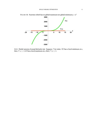SINGLE VARIABLE OPTIMIZATION 11
FIGURE 16. Function which has no global maximum nor global minimum y = x3
20 15 10 5 5 10 15 20
x
3000
2000
1000
1000
2000
3000
f x
f’ x
3.4.4. Partial converse of second derivative test. Suppose f (a) exists. If f has a local minimum at a,
then f (a) ≥ 0; if f has a local maximum at a, then f (a) ≤ 0.
 