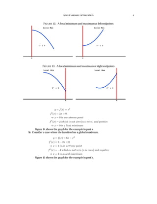 SINGLE VARIABLE OPTIMIZATION 9
FIGURE 12. A local minimum and maximum at left endpoints
Local Max
f’ 0
a
Local Min
f’ 0
a
FIGURE 13. A local minimum and maximum at right endpoints
Local Min
f’ 0
b
Local Max
f’ 0
b
y = f(x) = x2
f (x) = 2x = 0
⇒ x = 0 is an extreme point
f (x) = 2 which is not zero (n is even) and positive
⇒ x = 0 is a local minimum
Figure 14 shows the graph for the example in part a.
b: Consider a case where the function has a global maximum.
y = f(x) = 6x − x2
f (x) = 6 − 2x = 0
⇒ x = 3 is an extreme point
f (x) = −2 which is not zero (n is even) and negative
⇒ x = 3 is a local maximum
Figure 15 shows the graph for the example in part b.
 