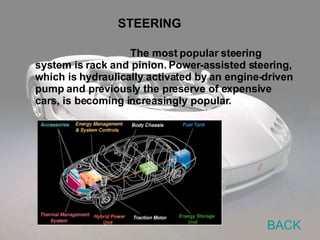 The most popular steering system is rack and pinion. Power-assisted steering, which is hydraulically activated by an engine-driven pump and previously the preserve of expensive cars, is becoming increasingly popular. STEERING BACK 