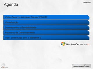 AgendaVisão Geral do Windows Server 2008 R2VirtualizaçãoDesempenho e Escalabilidade Recursos de GerenciamentoValor combinado com o Windows 7