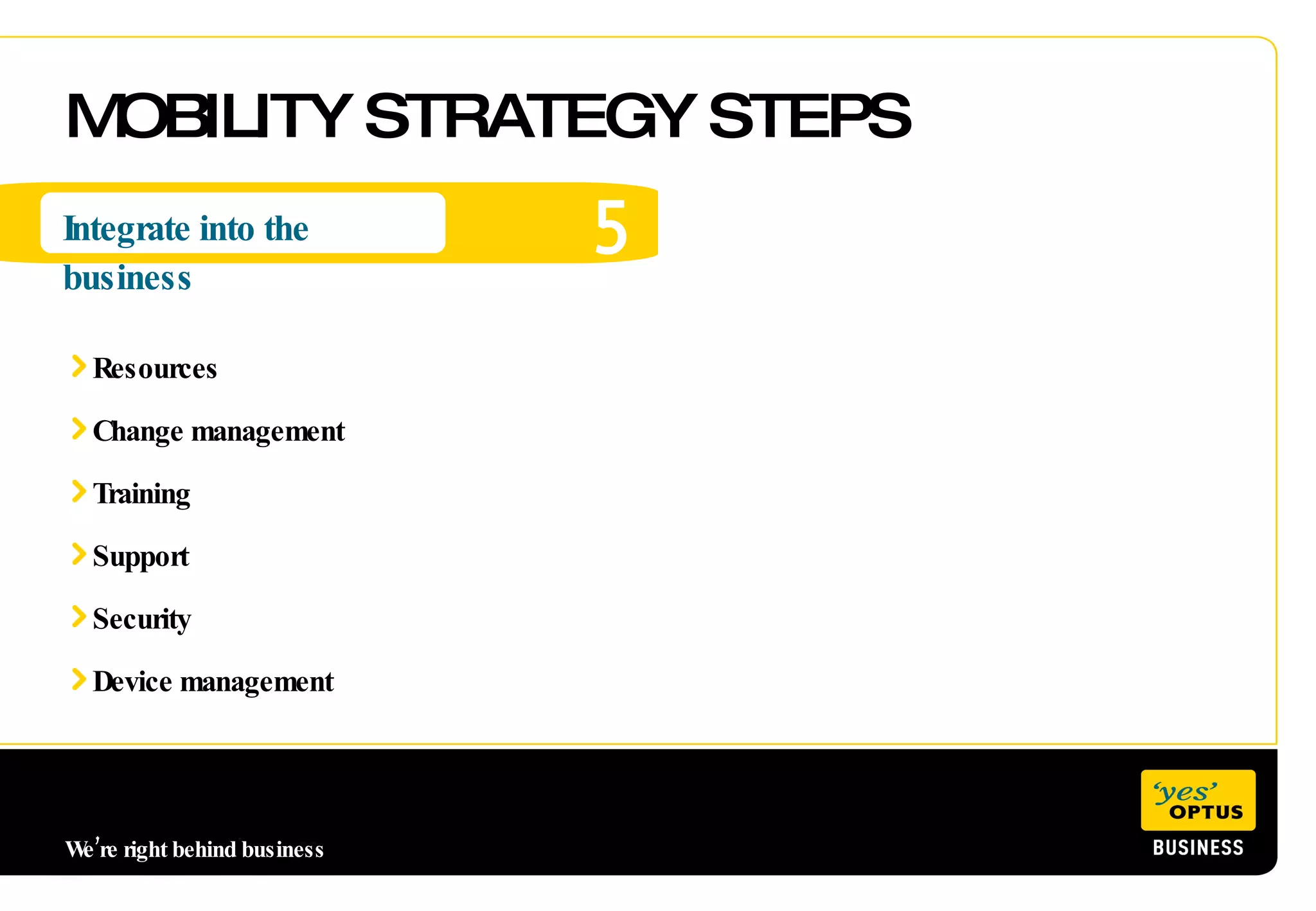 MOBILITY STRATEGY STEPS 5 Integrate into the business We’re right behind business  Resources Change management Training Support Security Device management 