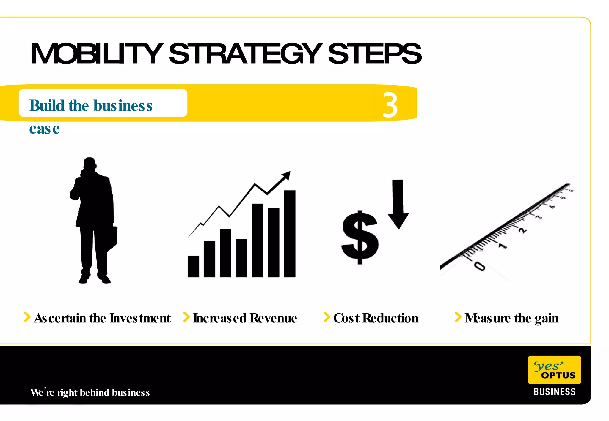 MOBILITY STRATEGY STEPS 3 Build the business case We’re right behind business  Ascertain the Investment Increased Revenue Cost Reduction Measure the gain 