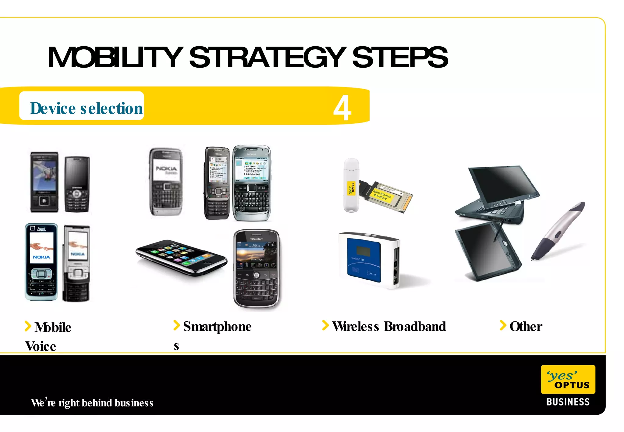 MOBILITY STRATEGY STEPS 4 Device selection We’re right behind business  Mobile Voice Smartphones Wireless Broadband Other 