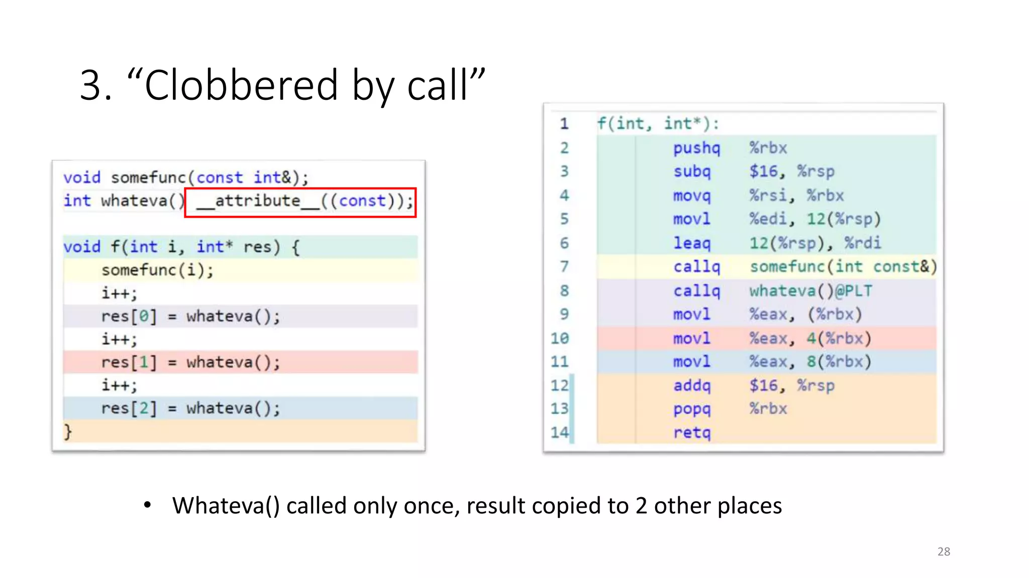 3. “Clobbered by call”
28
• Whateva() called only once, result copied to 2 other places
 