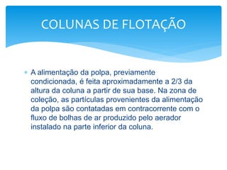  A alimentação da polpa, previamente
condicionada, é feita aproximadamente a 2/3 da
altura da coluna a partir de sua base. Na zona de
coleção, as partículas provenientes da alimentação
da polpa são contatadas em contracorrente com o
fluxo de bolhas de ar produzido pelo aerador
instalado na parte inferior da coluna.
COLUNAS DE FLOTAÇÃO
 