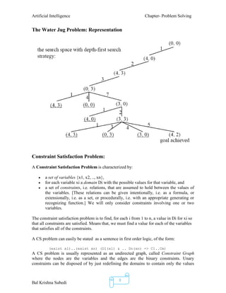 Artificial Intelligence Chapter- Problem Solving
Bal Krishna Subedi
8
The Water Jug Problem: Representation
Constraint Satisfaction Problem:
A Constraint Satisfaction Problem is characterized by:
 a set of variables {x1, x2, .., xn},
 for each variable xi a domain Di with the possible values for that variable, and
 a set of constraints, i.e. relations, that are assumed to hold between the values of
the variables. [These relations can be given intentionally, i.e. as a formula, or
extensionally, i.e. as a set, or procedurally, i.e. with an appropriate generating or
recognizing function.] We will only consider constraints involving one or two
variables.
The constraint satisfaction problem is to find, for each i from 1 to n, a value in Di for xi so
that all constraints are satisfied. Means that, we must find a value for each of the variables
that satisfies all of the constraints.
A CS problem can easily be stated as a sentence in first order logic, of the form:
(exist x1)..(exist xn) (D1(x1) & .. Dn(xn) => C1..Cm)
A CS problem is usually represented as an undirected graph, called Constraint Graph
where the nodes are the variables and the edges are the binary constraints. Unary
constraints can be disposed of by just redefining the domains to contain only the values
 