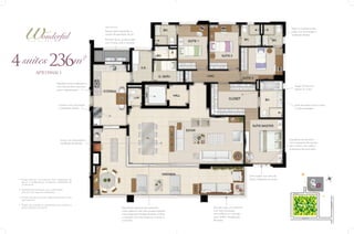 Laje técnica

Todos os banheiros das
suítes com iluminação e
ventilação diretas

Espaço para aquecedor e
central de aspiração de pó
Previsão de ar condicionado
nas 4 suítes, sala e varanda

4 suítes 236m

2

APTO FINAL 1
Elevador social codificado e
com hall privativo exclusivo
para o apartamento

Amplo Closet com
espaço Sr. e Sra.

Cozinha com iluminação
e ventilação diretas

Sala de banho com 2 cubas
e hidromassagem

Esquadrias de alumínio
com venezianas de enrolar
nas 4 suítes, com melhor
isolamento termoacústico

Living com iluminação e
ventilação excelentes

Suíte master com vista da
praça, integrada ao closet

02

Rua T-34

• Projeto flexível, que permite fazer alterações de
layout e acabamentos (mediante viabilidade da
construtora)
• Apartamento entregue com acabamento
premium em todos os ambientes

03

01

Rua T-23

• Sistema de água quente independente para cada
apartamento

Esquadrias especiais que permitem
maior abertura dos vãos proporcionando
uma integração inteligente entre o living,
a varanda com churrasqueira a carvão e
a cozinha

Guarda corpo em alumínio
com vidro laminado
semi-refletivo na varanda
para melhor visualização
da praça

PRAÇA T-23

Avenida T-53

Avenida T-1

• Projeto de arquitetura preparado para facilitar a
personalização da planta

 