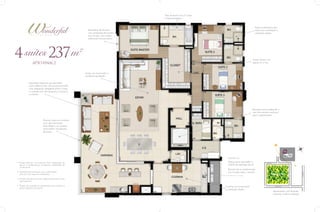 Sala de banho com 2 cubas
e hidromassagem

Todos os banheiros das
suítes com iluminação e
ventilação diretas

Esquadrias de alumínio
com venezianas de enrolar
nas 4 suítes, com melhor
isolamento termoacústico

4 suítes 237 m

2
Amplo Closet com
espaço Sr. e Sra.

APTO FINAL 2

Living com iluminação e
ventilação excelentes
Esquadrias especiais que permitem
maior abertura dos vãos proporcionando
uma integração inteligente entre o living,
a varanda com churrasqueira a carvão e
a cozinha

Elevador social codificado e
com hall privativo exclusivo
para o apartamento
Guarda corpo em alumínio
com vidro laminado
semi-refletivo na varanda
para melhor visualização
da praça

02

• Projeto flexível, que permite fazer alterações de
layout e acabamentos (mediante viabilidade da
construtora)

Previsão de ar condicionado
nas 4 suítes, sala e varanda

03

01

Rua T-23

PRAÇA T-23

• Sistema de água quente independente para cada
apartamento
• Projeto de arquitetura preparado para facilitar a
personalização da planta

Cozinha com iluminação
e ventilação diretas

Avenida T-53

Apartamento com fachada
nascente: melhor insolação

Avenida T-1

• Apartamento entregue com acabamento
premium em todos os ambientes

Espaço para aquecedor e
central de aspiração de pó

Rua T-34

Laje técnica

 