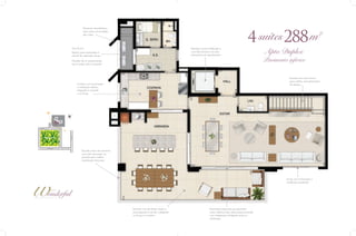 4 suítes 288 m

Elemento arquitetônico
para maior privacidade
das suítes

2

Laje técnica

Elevador social codificado e
com hall privativo nos dois
pavimentos do apartamento

Espaço para aquecedor e
central de aspiração de pó
Previsão de ar condicionado
nas 4 suítes, sala e varanda

Apto Duplex
Pavimento inferior
Escada com único lance
para melhor aproveitamento
do espaço.

Cozinha com iluminação
e ventilação diretas,
integrada à varanda
e ao living

Rua T-34

02

03

01

Rua T-23

Avenida T-1

PRAÇA T-23

Avenida T-53

Guarda corpo em alumínio
com vidro laminado na
varanda para melhor
visualização da praça

Living com iluminação e
ventilação excelentes

Varanda com pé direito duplo e
churrasqueira a carvão, integrada
ao living e à cozinha.

Esquadrias especiais que permitem
maior abertura dos vãos proporcionando
uma integração inteligente entre os
ambientes

 