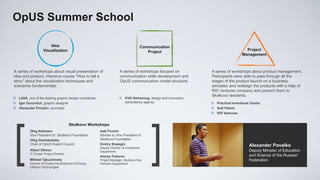 OpUS Summer School

                        Idea                                                      Communication
                    Visualization                                                                                               Project
                                                                                     Project
                                                                                                                              Management



A series of workshops about visual presentation of                  A series of workshops focused on        A series of workshops about product management.
idea and product, intensive course "How to tell a                   communication skills development and    Participants were able to pass through all the
story" about the visualization techniques and                       OpUS communication model structure.     stages of the product launch on a business
scenarios fundamentals.                                                                                     simulator and redesign the products with a help of
                                                                                                            RIS Ventures company and present them to
                                                                                                            Skolkovo residents.
 LAVA, one of the leading graphic design companies                 KVD Reframing, design and innovation
 Igor Gurovitch, graphic designer                                   consultancy agency                      Practical Inventions Centre
 Alexander Privalov, journalist                                                                             Soft Patent
                                                                                                             RIS Ventures


                                        Skolkovo Workshops
          Oleg Alekseev                               Isak Frumin
          Vice President of Skolkovo Foundation       Advisor to Vice President of
          Oleg Genisaretsky                           Skolkovo Foundation
          Chair of OpUS Expert Council                Dmitry Shalagin                                                             Alexander Povalko
                                                      Deputy Director of Investment
          Albert Efimov                               Department                                                                  Deputy Minister of Education
          IT Cluster Project Director
                                                      Alexey Fedorov                                                              and Science of the Russian
          Mikhail Tykuchinsky                         Project Manager, Skolkovo Key                                               Federation
          Director of Cluster Development of Energy   Partners Department
          Efficient Technologies
 