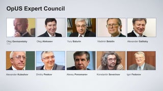OpUS Expert Council




Oleg Genisaretsky    Oleg Alekseev   Yury Baturin       Vladimir Betelin       Alexander Galitsky
Chair




Alexander Kuleshov   Dmitry Peskov   Alexey Ponomarev   Konstantin Severinov   Igor Fedorov
 