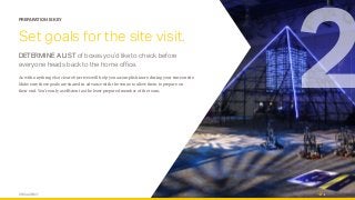 OPUS AGENCY 5
PREPARATION IS KEY
Set goals for the site visit.
DETERMINE A LIST of boxes you’d like to check before
everyone heads back to the home office.
As with anything else, clear objectives will help you accomplish more during your time onsite.
Make sure these goals are shared in advance with the venue to allow them to prepare on
their end. You’re only as efficient as the least-prepared member of the team.
2
 
