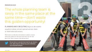 OPUS AGENCY 6
PREPARATION IS KEY
The whole planning team is
rarely in the same place at the
same time—don’t waste
this golden opportunity!
PLANNING AND EXECUTING large-scale events
usually involves a team spread across state
or international borders.
While remote coordination is the industry standard, everyone
will be more productive when the entire team is in the same
place. Don’t waste a minute of this precious time!
3
“Venue visits are a productivity dream for your #events
team. @OpusAgency #eBook has perfect #SiteVisit
tips: bit.ly/SiteVisitTop10”
 