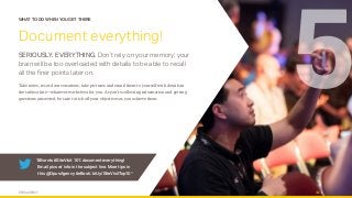 OPUS AGENCY 9
WHAT TO DO WHEN YOU GET THERE
Document everything!
SERIOUSLY. EVERYTHING. Don’t rely on your memory; your
brain will be too overloaded with details to be able to recall
all the finer points later on.
Take notes, record conversations, take pictures and email them to yourself with details in
the subject line—whatever works best for you. As you’re collecting information and getting
questions answered, be sure to tick off your objectives as you achieve them.
5
“#Events #SiteVisit 101: document everything!
Email pics w/ info in the subject line. More tips in
this @OpusAgency #eBook: bit.ly/SiteVisitTop10”
 