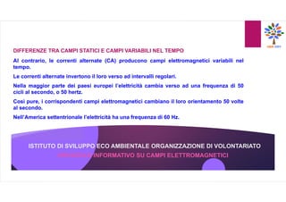 ISTITUTO DI SVILUPPO ECO AMBIENTALE ORGANIZZAZIONE DI VOLONTARIATO
OPUSCOLO INFORMATIVO SU CAMPI ELETTROMAGNETICI
DIFFERENZE TRA CAMPI STATICI E CAMPI VARIABILI NEL TEMPO
Al contrario, le correnti alternate (CA) producono campi elettromagnetici variabili nel
tempo.
Le correnti alternate invertono il loro verso ad intervalli regolari.
Nella maggior parte dei paesi europei l’elettricità cambia verso ad una frequenza di 50
cicli al secondo, o 50 hertz.
Così pure, i corrispondenti campi elettromagnetici cambiano il loro orientamento 50 volte
al secondo.
Nell’America settentrionale l’elettricità ha una frequenza di 60 Hz.
 
