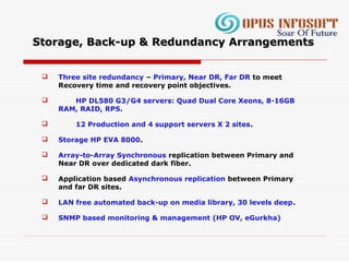 Storage, Back-up & Redundancy ArrangementsStorage, Back-up & Redundancy Arrangements
 Three site redundancy – Primary, Near DR, Far DR to meet
Recovery time and recovery point objectives.
 HP DL580 G3/G4 servers: Quad Dual Core Xeons, 8-16GB
RAM, RAID, RPS.
 12 Production and 4 support servers X 2 sites.
 Storage HP EVA 8000.
 Array-to-Array Synchronous replication between Primary and
Near DR over dedicated dark fiber.
 Application based Asynchronous replication between Primary
and far DR sites.
 LAN free automated back-up on media library, 30 levels deep.
 SNMP based monitoring & management (HP OV, eGurkha)
 
