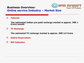Business Overview:
Online service Industry – Market Size
 Telecom
The estimated Indian pre-paid recharge market is approx. INR 1
Crore/month
 TV Recharge
The estimated TV recharge market is approx. INR 2.5 Crore
 Online Reservation
 Bill Collection
 