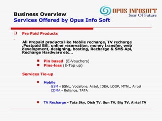 Business Overview
Services Offered by Opus Info Soft
 Pre Paid Products
All Prepaid products like Mobile recharge, TV recharge
,Postpaid Bill, online reservation, money transfer, web
development, designing, hosting, Recharge & SMS Api,
Recharge Hardware etc…
 Pin based (E-Vouchers)
 Pins-less (E-Top up)
Services Tie-up
 Mobile
GSM - BSNL, Vodafone, Airtel, IDEA, LOOP, MTNL, Aircel
CDMA - Reliance, TATA
 TV Recharge - Tata Sky, Dish TV, Sun TV, Big TV, Airtel TV
 