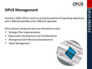 OPUS Management




                                                                              OPUS PROFILE
Formed in 2003, OPUS is built on strong foundations of operating experience
with a different portfolio and a different approach.

OPUS attracts companies who are motivated to excel:
 Strategic Plan Implementation
 Organisation Development and Transformation
 Management & Professional Development
 Talent Management
 