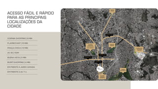 GOIÂNIA
SHOPPING
VACA BRAVA
PARQUE
AREIÃO
JARDIM
BOTÂNICO
FUTURO
PARQUE
SERRINHA
PRAÇA
CÍVICA
FAMBOYANT
SHOPPING
CENTER
AVENIDA 85
AVENIDA T4
AVENIDA 136
AVENIDA T63
GOIÂNIA
SHOPPING
VACA BRAVA
PARQUE
AREIÃO
JARDIM
BOTÂNICO
FUTURO
PARQUE
SERRINHA
PRAÇA
CÍVICA
FAMBOYANT
SHOPPING
CENTER
AVENIDA 85
AVENIDA T4
AVENIDA 136
AVENIDA T63
GOIÂNIA
SHOPPING
VACA BRAVA
PARQUE
AREIÃO
JARDIM
BOTÂNICO
FUTURO
PARQUE
SERRINHA
PRAÇA
CÍVICA
FAMBOYANT
SHOPPING
CENTER
AVENIDA 85
AVENIDA T4
AVENIDA 136
AVENIDA T63
ACESSO FÁCIL E RÁPIDO
PARA AS PRINCIPAIS
LOCALIZAÇÕES DA
CIDADE
GOIÂNIA SHOPPING | 8 MIN
FLAMBOYANT | 10 MIN
PRAÇA CÍVICA | 10 MIN
AV. 85 | 150M
BUENA VISTA | 5 MIN
BURITI SHOPPING | 6 MIN
EM FRENTE À JAIME CAMARA
EM FRENTE À AV. T-4
 