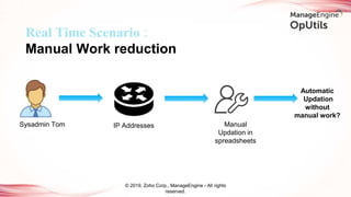 © 2019, Zoho Corp., ManageEngine - All rights
reserved.
Sysadmin Tom IP Addresses Manual
Updation in
spreadsheets
Real Time Scenario :
Manual Work reduction
Automatic
Updation
without
manual work?
 