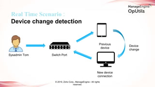 © 2019, Zoho Corp., ManageEngine - All rights
reserved.
Sysadmin Tom Switch Port
Previous
device
Real Time Scenario :
Device change detection
New device
connection
Device
change
 