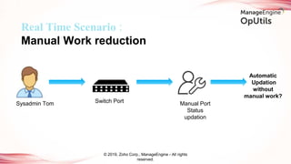 © 2019, Zoho Corp., ManageEngine - All rights
reserved.
Sysadmin Tom Manual Port
Status
updation
Real Time Scenario :
Manual Work reduction
Automatic
Updation
without
manual work?
Switch Port
 
