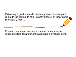 ●
Éxitos:logre graduarme de noveno grado,concurse para
reina de las fiestas de san Rafael y gane el 1° lugar como
princesa, y mas…
●
Fracasos:no saque las mejores notas en mi noveno
grado,me deje llevar por amistades que no valía la pena.
 