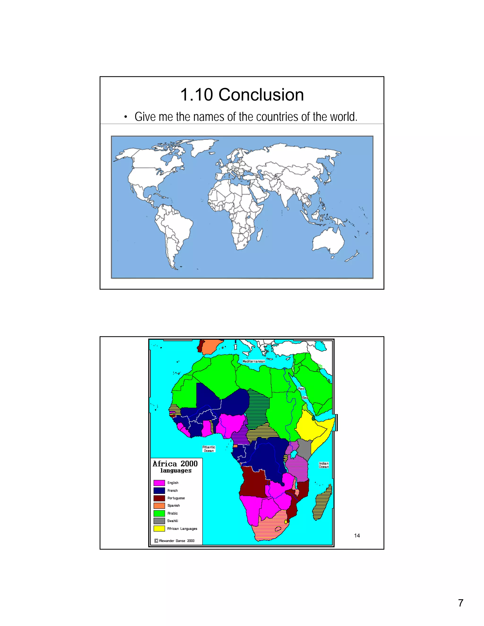 1.10 Conclusion
• Give me the names of the countries of the world.




                                                 13




      Africa 2000 Languages




                                                 14




                                                      7
 