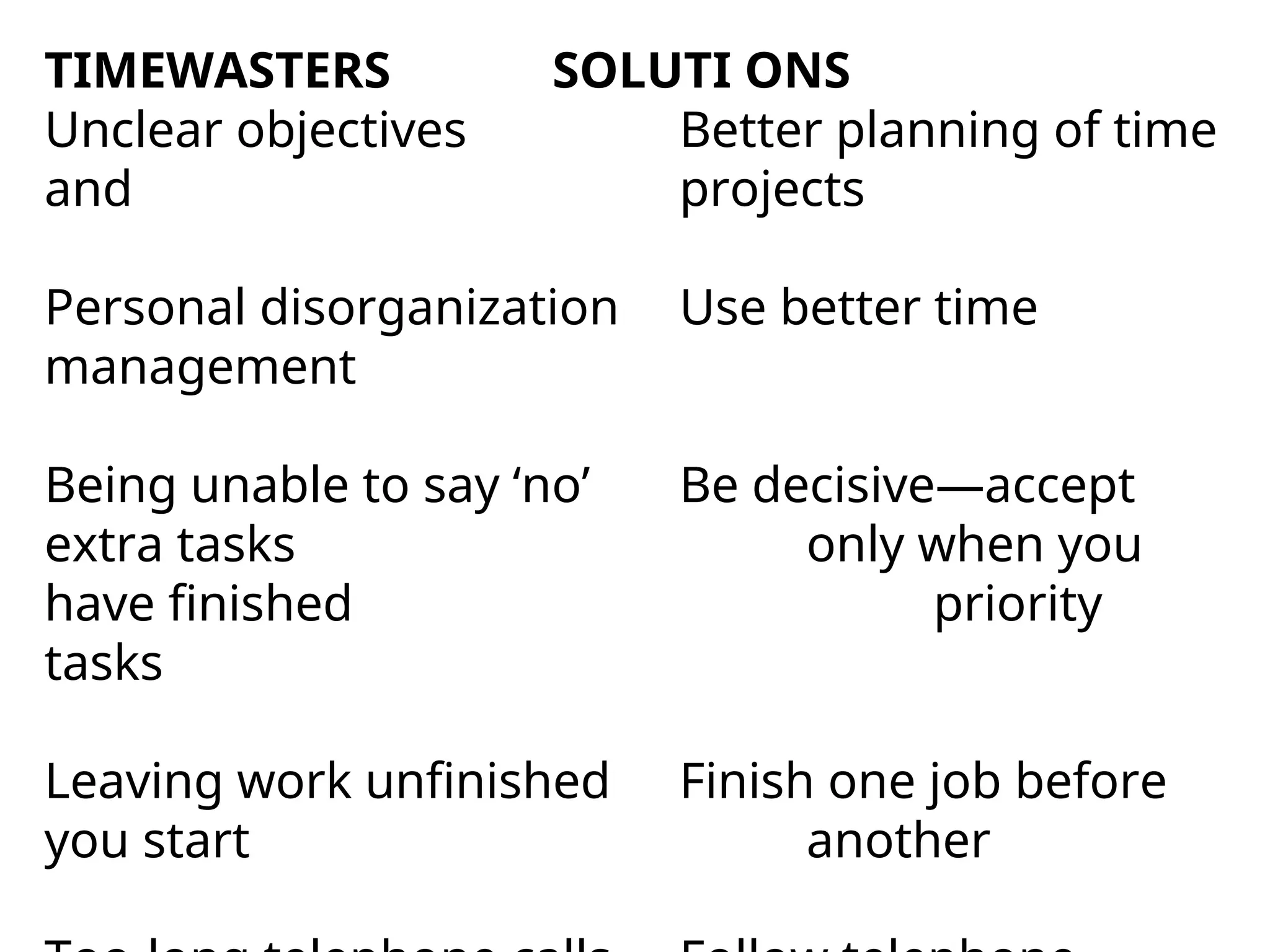 TIMEWASTERS SOLUTI ONS
Unclear objectives Better planning of time
and projects
Personal disorganization Use better time
management
Being unable to say ‘no’ Be decisive—accept
extra tasks only when you
have finished priority
tasks
Leaving work unfinished Finish one job before
you start another
 