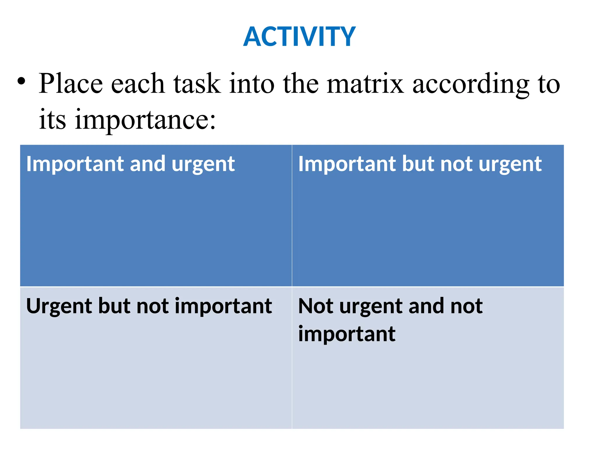 • Place each task into the matrix according to
its importance:
Important and urgent Important but not urgent
Urgent but not important Not urgent and not
important
ACTIVITY
 