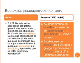 EDUCACIÓN SECUNDARIA OBRIGATORIA
 2.1.27. Na educación
secundaria obrigatoria
garantir que, como mínimo,
o alumnado reciba o 50%
da súa docencia en galego.
Dentro das posibilidades de
cada centro, tenderase a
que entre as materias que
se impartan nese idioma fi
guren as matemáticas e a
tecnoloxía, á parte das que
xa están legalmente
establecidas.
 7.3.Impartiranse en
castelán as materias
de Matemáticas,
Tecnoloxías e Física e
química.
 Establécese un
máximo do 50% para o
galego e promóvese a
redución desta cifra
(centros plurilingües)
PXNL Decreto 79/2010 (PP)
21
 