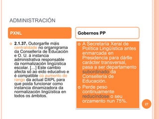 ADMINISTRACIÓN
 2.1.37. Outorgarlle máis
centralidade no organigrama
da Consellería de Educación
e O. U. á instancia
administrativa responsable
da normalización lingüística
escolar. […] Este cambio
afecta só ao eido educativo e
é compatible co aumento de
rango da actual DXPL para
que poida funcionar como
instancia dinamizadora da
normalización lingüística en
todos os ámbitos.
 A Secretaría Xeral de
Política Lingüística antes
enmarcada en
Presidencia para dárlle
carácter transversal,
pasa a ser departamento
subordinado da
Consellería de
Educación.
 Perde peso
continuamente
reducíndose o seu
orzamento nun 75%.
PXNL Gobernos PP
27
 