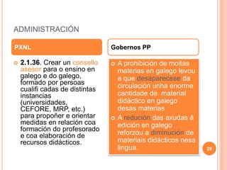 ADMINISTRACIÓN
 2.1.36. Crear un consello
asesor para o ensino en
galego e do galego,
formado por persoas
cualifi cadas de distintas
instancias
(universidades,
CEFORE, MRP, etc.)
para propoñer e orientar
medidas en relación coa
formación do profesorado
e coa elaboración de
recursos didácticos.
 A prohibición de moitas
materias en galego levou
a que desaparecese da
circulación unha enorme
cantidade de material
didáctico en galego
desas materias
 A redución das axudas á
edición en galego
reforzou a diminución de
materiais didácticos nesa
lingua.
PXNL Gobernos PP
29
 