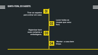Quinta-feira,20 dagosto.
01
03
02
04
Tirar os sapatos
para entrar em casa.
Lavar todas as
roupas que usou
fora.
Manter a casa bem
limpa.
Higienizar bem
suas compras e
embalagens.
 