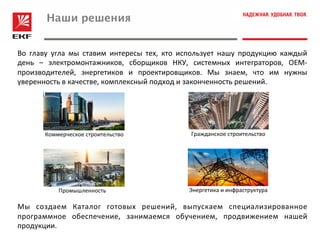 Наши решения
Во	
   главу	
   угла	
   мы	
   ставим	
   интересы	
   тех,	
   кто	
   использует	
   нашу	
   продукцию	
   каждый	
  
день	
   –	
   электромонтажников,	
   сборщиков	
   НКУ,	
   системных	
   интеграторов,	
   ОЕМ-­‐
производителей,	
   энергетиков	
   и	
   проектировщиков.	
   Мы	
   знаем,	
   что	
   им	
   нужны	
  
уверенность	
  в	
  качестве,	
  комплексный	
  подход	
  и	
  законченность	
  решений.	
  
	
  
	
  
	
  
	
  
	
  
	
  
	
  
	
  
	
  
	
  
	
  
	
  
Мы	
   создаем	
   Каталог	
   готовых	
   решений,	
   выпускаем	
   специализированное	
  
программное	
   обеспечение,	
   занимаемся	
   обучением,	
   продвижением	
   нашей	
  
продукции.	
  
Гражданское	
  строительство	
  
Промышленность	
  
Коммерческое	
  строительство	
  
Энергетика	
  и	
  инфраструктура	
  
 