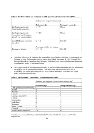 Tabel 1: Beschikbaarheid van computers in 1999 (tussen haakjes het verschil met 1998)

                                    Studenten per computer: Nederland

                                    Basisonderwijs                      Voortgezet onderwijs
    Leerling/computer ratio         16 (-7)                             13 (-2)
    (totaal aantal computers)

    Leerling/computer ratio         17 (-10)                            18 (-2)
    (computers waar leerlingen
    gebruik van kunnen maken)

    Gemiddeld aantal computers      22 (+7)                             96 (+29)
    per school

                                    Percentage scholen met toegang
    Toegang tot Internet            38 (+14)                            86 (+12)



•     Nederland behoort tot de kopgroep. Op het machine aspect bevindt Nederland zich vooraan in het
      Europese peloton. De kopgroep wordt gevormd door (enkele staten van) de USA, Australië, het
      Verenigd Koninkrijk, Scandinavië en Singapore Nederland loopt voor op alle Europese landen die
      op de kaart ten oosten en ten zuiden liggen.

•     De kwaliteit van de ICT-infrastructuur heeft het in het Nederlandse basisonderwijs een achterstand
      ten opzichte van de meeste andere landen. De scholen voor voortgezet onderwijs zijn in
      vergelijking met basisscholen uitgerust met meer moderne apparatuur en behoren ook op dit
      aspect tot de internationale top.

Tabel 2. Internationale "vergelijking" student/computer-ratio

                                    Studenten per computer: Internationale vergelijking15

                                    Basisonderwijs                      Voortgezet onderwijs
 USA (grote regionale spreiding)    6                                   5
 Zweden                             10                                  5
 Australië                          10                                  7
 Canada                             11                                  9
 Verenigd Koninkrijk                13                                  9
 Finland                            12                                  14
 Denemarken                         13                                  13
 Nederland                          16                                  13
 Singapore                          17                                  12
 Nieuw Zeeland                      20                                  10
 Frankrijk                          35                                  18
 Bondsrepubliek Duitsland           150                                 30

15
  Combinatie van bronnen: RM-G7report,1998; NCES-US,1999; DFEE-UK,1999; ICT-monitor-NL,1999; MOE-
Singapore,1999
                                                    11
 