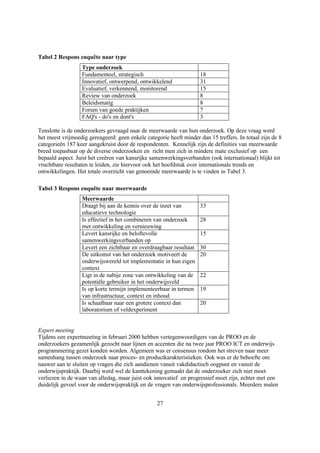 Tabel 2 Respons enquête naar type
                  Type onderzoek
                  Fundamenteel, strategisch                          18
                  Innovatief, ontwerpend, ontwikkelend               31
                  Evaluatief, verkennend, monitorend                 15
                  Review van onderzoek                               8
                  Beleidsmatig                                       8
                  Forum van goede praktijken                         7
                  FAQ's - do's en dont's                             3

Tenslotte is de onderzoekers gevraagd naar de meerwaarde van hun onderzoek. Op deze vraag werd
het meest vrijmoedig gereageerd: geen enkele categorie heeft minder dan 15 treffers. In totaal zijn de 8
categorieën 187 keer aangekruist door de respondenten. Kennelijk zijn de definities van meerwaarde
breed toepasbaar op de diverse onderzoeken en richt men zich in mindere mate exclusief op een
bepaald aspect. Juist het creëren van kansrijke samenwerkingsverbanden (ook internationaal) blijkt tot
vruchtbare resultaten te leiden, zie hiervoor ook het hoofdstuk over internationale trends en
ontwikkelingen. Het totale overzicht van genoemde meerwaarde is te vinden in Tabel 3.

Tabel 3 Respons enquête naar meerwaarde
                  Meerwaarde
                  Draagt bij aan de kennis over de inzet van         33
                  educatieve technologie
                  Is effectief in het combineren van onderzoek       28
                  met ontwikkeling en vernieuwing
                  Levert kansrijke en beloftevolle                   15
                  samenwerkingsverbanden op
                  Levert een zichtbaar en overdraagbaar resultaat    30
                  De uitkomst van het onderzoek motiveert de         20
                  onderwijswereld tot implementatie in hun eigen
                  context
                  Ligt in de nabije zone van ontwikkeling van de     22
                  potentiële gebruiker in het onderwijsveld
                  Is op korte termijn implementeerbaar in termen     19
                  van infrastructuur, context en inhoud
                  Is schaalbaar naar een grotere context dan         20
                  laboratorium of veldexperiment


Expert meeting
Tijdens een expertmeeting in februari 2000 hebben vertegenwoordigers van de PROO en de
onderzoekers gezamenlijk gezocht naar lijnen en accenten die na twee jaar PROO ICT en onderwijs
programmering gezet konden worden. Algemeen was er consensus rondom het streven naar meer
samenhang tussen onderzoek naar proces- en productkarakteristieken. Ook was er de behoefte om
nauwer aan te sluiten op vragen die zich aandienen vanuit vakdidactisch oogpunt en vanuit de
onderwijspraktijk. Daarbij werd wel de kanttekening gemaakt dat de onderzoeker zich niet moet
verliezen in de waan van alledag, maar juist ook innovatief en progressief moet zijn, echter met een
duidelijk gevoel voor de onderwijspraktijk en de vragen van onderwijsprofessionals. Meerdere malen


                                                  27
 