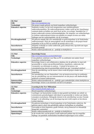 10) Titel             Jason project
URL                   http://www.jasonproject.org/
Technologie           Het project maakt gebruik van breed toepasbare webtechnologie.
Educatieve aspecten   Studenten worden via het web meegenomen naar multidisciplinaire
                      onderzoeksexpedities. De onderzoeksprojecten vinden veelal op het Amerikaanse
                      continent plaats en hebben een sterk focus op bio- en ecologie. Inmiddels het 11e
                      project onderzoekt extreme leefomstandigheden. De integratie van webtechnologie
                      en realtime onderzoeksactiviteiten op expeditie en campus leveren een sterke
                      bijdragen aan het realiteitsgehalte van de ervaringen.
Overdraagbaarheid     De gekozen aanpak lijkt zeer aantrekkelijk en goed toepasbaar in de Nederlandse
                      onderwijssituatie. Door de aanwezigheid van de technologie is dit project breed
                      toepasbaar in Ho en WO en wellicht op termijn ook in vwo.
Succesfactoren        Integratie werkelijk en 'oefen'-onderzoek, grote attractiviteit, ligt dicht aan tegen
                      bestaande praktijk.
Samenwerking          Relatie onderwijsonderzoek en – praktijk en bedrijfsleven

11) Titel             Knowledge Forum
URL                   http://www.learn.motion.com/lim/kf/KF0.html
Technologie           Cross-platform webclient voor Mac en PC in combinatie met andere breed
                      toepasbare webtechnologie
Educatieve aspecten   Knowledge forum is een collaboratieve database die de gebruiker in staat stelt
                      gezamenlijk te werken aan probleemdefinities, hypotheses, onderzoek, het
                      verzamelen van informatie en analyse. Centraal in het proces van
                      conceptualisering staat de gezamenlijke arbeid aan zgn. 'conceptual artefacts'
Overdraagbaarheid     Door de ontwikkeling van de nieuwe client wordt dit project zonder meer
                      toepasbaar.
Succesfactoren        De ontwikkeling van een 'hanteerbare' visie op kennisverwerving in combinatie
                      met de ontwikkeling van een instrumentarium om dat proces ook daadwerkelijk
                      praktisch te kunnen ondersteunen.
Samenwerking          Relatie onderwijsonderzoek en – praktijk, geen nadrukkelijke relatie bedrijfsleven
Opmerkingen           Knowledge- forum is een doorstart van het Covis-project.

12) Titel             Learning in the New Millennium
URL                   http://research.ultralab.anglia.ac.uk/
Technologie           Breed toepasbare webtechnologie.
Educatieve aspecten   Leerlingen van basisscholen worden in staat gesteld met behulp van schrijf- en
                      communicatie gereedschappen individueel en gezamenlijk te werken aan ideeën,
                      concepten en producten. Belangrijk element in de ontwikkeling van deze 'lerende
                      kringen' is de uitbreiding van de leeromgeving met (veld) experts en het directe
                      contact daarmee.
Overdraagbaarheid     De gekozen technologie is breed toepasbaar in het Nederlandse onderwijs. De
                      gekozen opzet is door zijn geleidelijke opbouw herhaalbaar en schaalbaar
Succesfactoren        Eenvoudig en klein begonnen, goede formule, stevig financieel en inhoudelijk
                      draagvlak, continuïteit.
Samenwerking          Relatie onderwijsonderzoek en – praktijk en bedrijfsleven
Opmerkingen           In de tweede fase van het project wordt onderzoek gedaan naar de mogelijke
                      bijdrage van parallelle multimediale breedband toepassingen in de verdere

                                             70
 