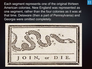 Each segment represents one of the original thirteen 
American colonies. New England was represented as 
one segment, rather than the four colonies as it was at 
that time. Delaware (then a part of Pennsylvania) and 
Georgia were omitted completely. 
11 
 