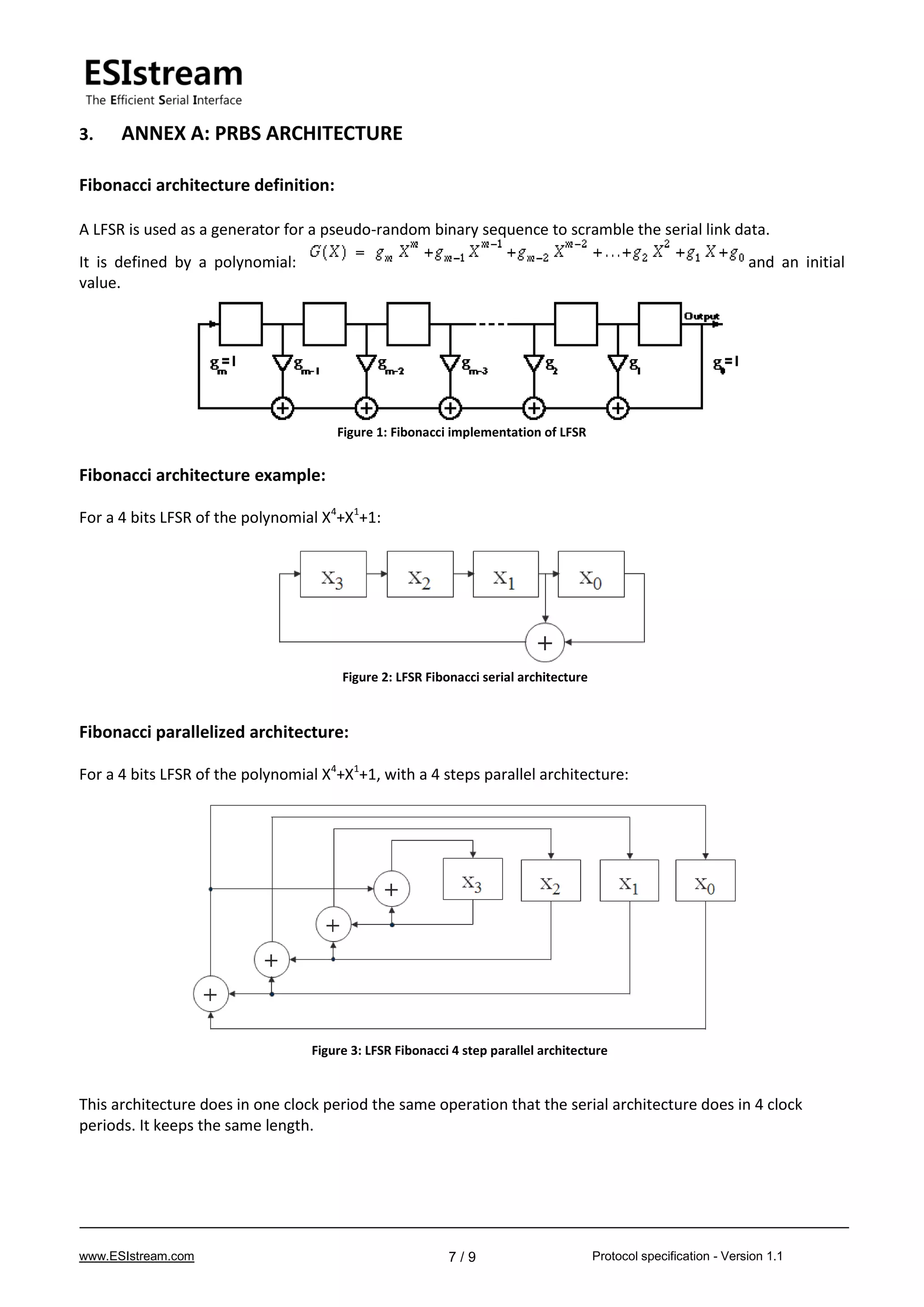 www.ESIstream.com Protocol specification - Version 1.17 / 9
3. ANNEX A: PRBS ARCHITECTURE
Fibonacci architecture definition:
A LFSR is used as a generator for a pseudo-random binary sequence to scramble the serial link data.
It is defined by a polynomial: and an initial
value.
Figure 1: Fibonacci implementation of LFSR
Fibonacci architecture example:
For a 4 bits LFSR of the polynomial X4
+X1
+1:
Fibonacci parallelized architecture:
For a 4 bits LFSR of the polynomial X4
+X1
+1, with a 4 steps parallel architecture:
This architecture does in one clock period the same operation that the serial architecture does in 4 clock
periods. It keeps the same length.
Figure 2: LFSR Fibonacci serial architecture
Figure 3: LFSR Fibonacci 4 step parallel architecture
 