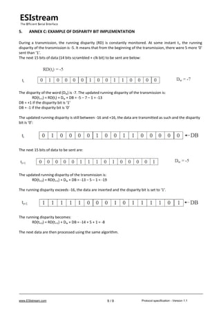 www.ESIstream.com Protocol specification - Version 1.19 / 9
5. ANNEX C: EXAMPLE OF DISPARITY BIT IMPLEMENTATION
During a transmission, the running disparity (RD) is constantly monitored. At some instant ti, the running
disparity of the transmission is -5. It means that from the beginning of the transmission, there were 5 more ‘0’
sent than ‘1’.
The next 15 bits of data (14 bits scrambled + clk bit) to be sent are below:
The disparity of the word (Dw) is -7. The updated running disparity of the transmission is:
RD(ti+1) = RD(ti) + Dw + DB = -5 – 7 – 1 = -13
DB = +1 if the disparity bit is ‘1’
DB = -1 if the disparity bit is ‘0’
The updated running disparity is still between -16 and +16, the data are transmitted as such and the disparity
bit is ‘0’:
The next 15 bits of data to be sent are:
The updated running disparity of the transmission is:
RD(ti+2) = RD(ti+1) + Dw + DB = -13 – 5 – 1 = -19
The running disparity exceeds -16, the data are inverted and the disparity bit is set to ‘1’.
The running disparity becomes:
RD(ti+2) = RD(ti+1) + Dw + DB = -14 + 5 + 1 = -8
The next data are then processed using the same algorithm.
 