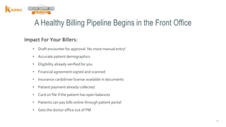1717
Impact For Your Billers:
• Draft encounter for approval. No more manual entry!
• Accurate patient demographics
• Eligibility already verified for you
• Financial agreement signed and scanned
• Insurance card/driver license available in documents
• Patient payment already collected
• Card on file if the patient has open balances
• Patients can pay bills online through patient portal
• Gets the doctor office out of PM
A Healthy Billing Pipeline Begins in the Front Office
 