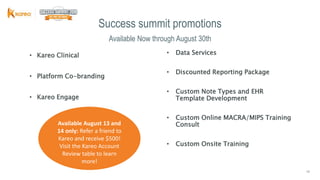 1919
• Kareo Clinical
• Platform Co-branding
• Kareo Engage
Success summit promotions
Available Now through August 30th
• Data Services
• Discounted Reporting Package
• Custom Note Types and EHR
Template Development
• Custom Online MACRA/MIPS Training
Consult
• Custom Onsite Training
Available August 13 and
14 only: Refer a friend to
Kareo and receive $500!
Visit the Kareo Account
Review table to learn
more!
 