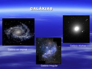 GALÁXIAS




                                            Galáxia elíptica
Galáxia em espiral




                        Galáxia irregular
 