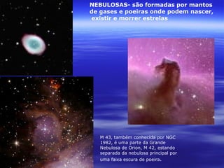 NEBULOSAS- são formadas por mantos
de gases e poeiras onde podem nascer,
existir e morrer estrelas




   M 43, também conhecida por NGC
   1982, é uma parte da Grande
   Nebulosa de Orion, M 42, estando
   separada da nebulosa principal por
   uma faixa escura de poeira.
 