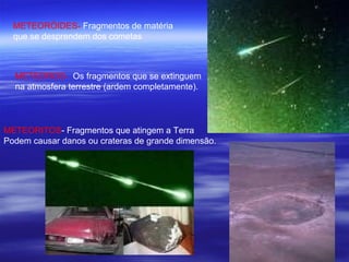 METEORÓIDES- Fragmentos de matéria
  que se desprendem dos cometas



  METEOROS- Os fragmentos que se extinguem
  na atmosfera terrestre (ardem completamente).




METEORITOS- Fragmentos que atingem a Terra
Podem causar danos ou crateras de grande dimensão.
 