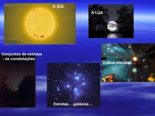 O SOL
                                          A LUA




Conjuntos de estrelas
- as constelações
                                              Outros planetas…




                        Estrelas….galáxias…
 