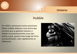 UniversoUniverso
Hubble
Em 1929 o astrónomo norte-americano
Edwin Hubble elaborou uma teoria que
concluía que as galáxias estavam a
afastar-se sucessivamente umas das
outras e que, quanto mais longe da Terra
se encontravam, mais rapidamente se
afastavam.
 